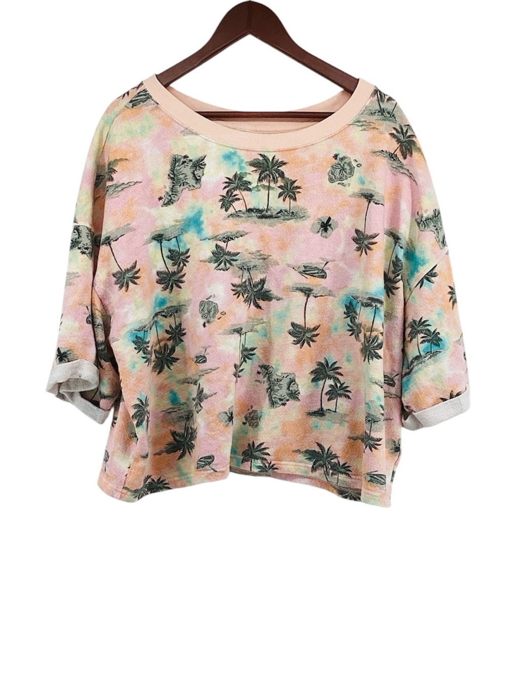 🐵 Old Navy Boxy & Cropped Pink Tropical-Print Pullover Sweatshirt, Size XXL
